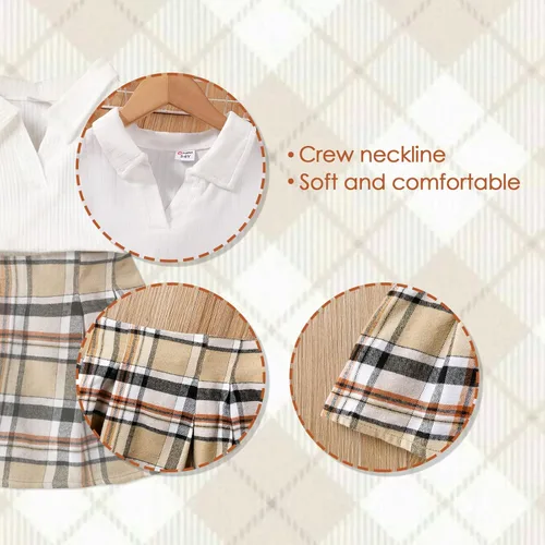 Vista 4 de PATPAT Kid Girls 2 Piece Outfits Solid Flutter Long-sleeve Top and Button Down Houndstooth Skirt Set