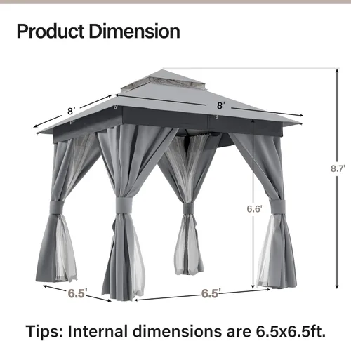 Vista 2 de LAUSAINT HOME Gazebo semipermanente de 8 x 8 pies con pernos de expansión, tienda de campaña resistente para exteriores con techo doble, mosquiteras