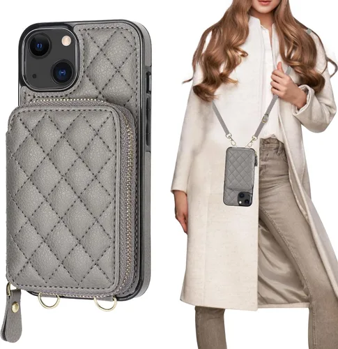 Vista 9 de Bocasal Funda tipo cartera cruzada para iPhone 13, con bloqueo RFID, de piel sintética, con cremallera, funda tipo cartera con función atril y Negro