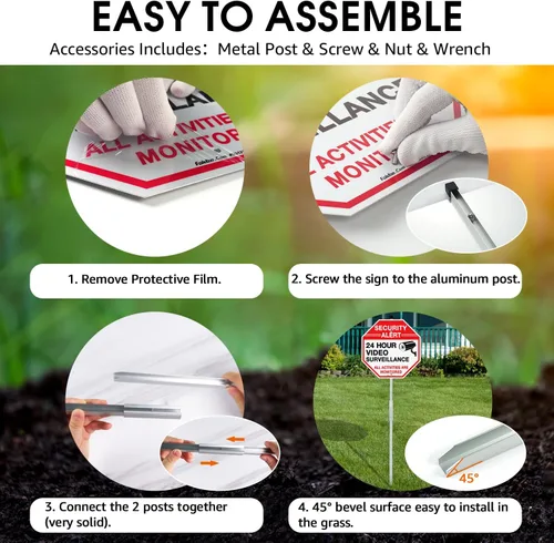 Vista 4 de Faittoo Letrero de Seguridad Letrero de Videovigilancia con Estaca de 36" para Exterior, Paquete de 2 de 12"x12" Aluminio Pesado Libre de Óxido