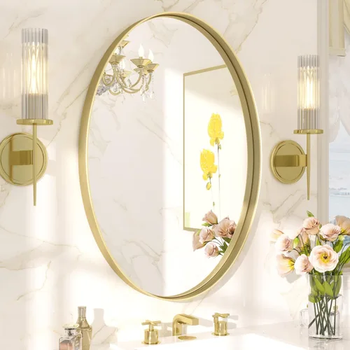 Vista 32 de TETOTE Espejo de marco dorado cepillado de 16 x 24 pulgadas, espejo de tocador de baño de latón dorado para pared, espejo enmarcado rectangular