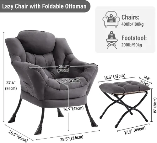 Vista 148 de Silla Lazy con otomana, silla moderna con reposapiés plegable, silla de acento de salón, cómoda silla de lectura para dormitorio, estudio, sala