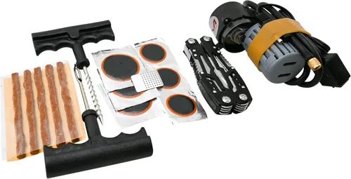 Vista 2 de Kit de Reparación de Pinchazos para Motocicleta, ATV, UTV - Kit de Reparación de Neumáticos Tubeless sin Cámara con Mini Compresor de Aire