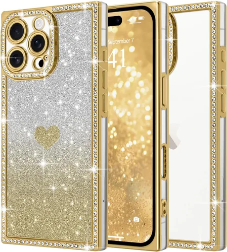 Vista 58 de Funda para iPhone 13, funda de diamantes de imitación de lujo con patrón de corazón de amor de cristal [papel con purpurina extraíble], parachoques