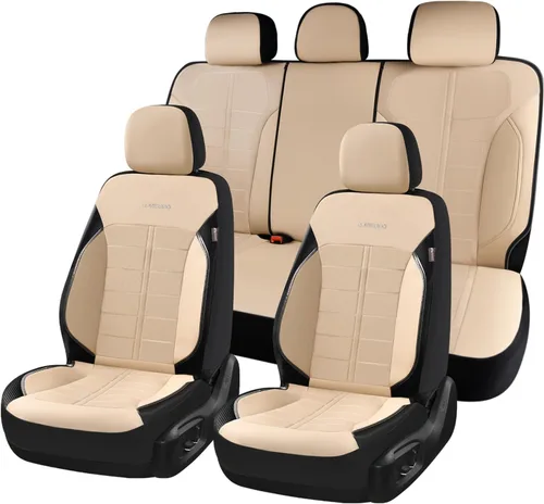 Vista 36 de Coverado Front Seat Leather Covers, Full Leather Construction with Carbon Fibre Weave, Universal Fit for Most Cars SUV Trucks (Beige)