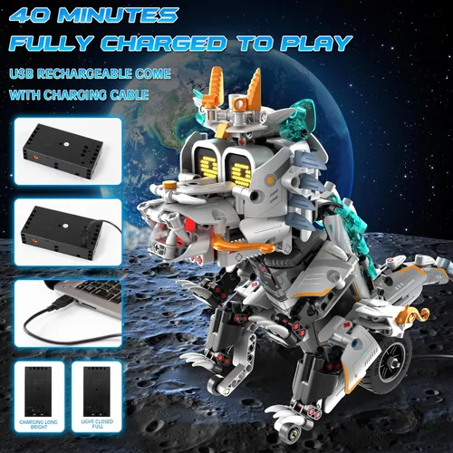 Vista 5 de Juguetes de construcción STEM para niños de 6 a 14 años, kit de construcción de robot de dinosaurio de motocicleta de 3 en 1 con control remoto