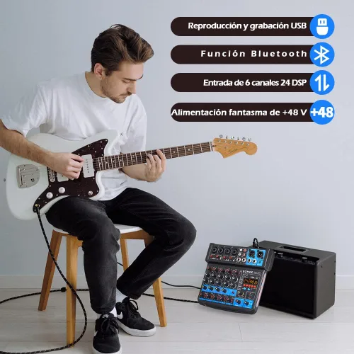Vista 3 de BOMGE Consola mezcladora de sonido mini DJ Audio de 6 canales con interfaz USB, Bluetooth, grabación estéreo, alimentación fantasma de 48 V, 24