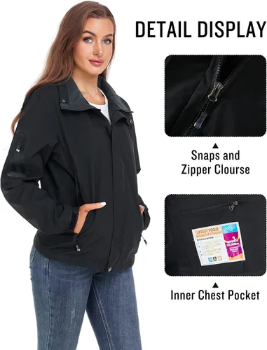 Vista 4 de SaphiRose Chaqueta impermeable para mujer, ligera, para exteriores, con capucha extraíble