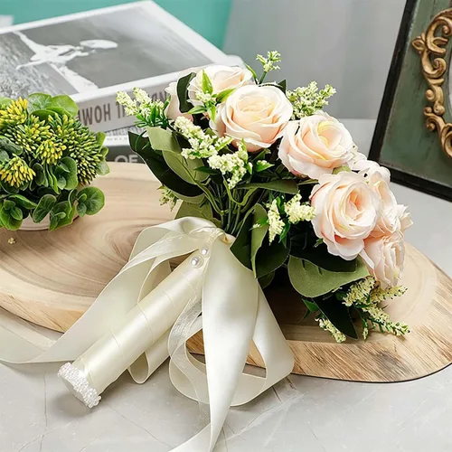 Vista 8 de CYANLUX Ramos de Bodas para Novia y Dama de Honor, Ramos de Champán, Rosas Artificiales Blancas para Bodas, San Valentín, Iglesia, Decoración