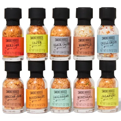 Vista 5 de Smokehouse by Thoughtfully, juego de especias gourmet para asar y salsa picante en mini botellas de vidrio, juego de 20