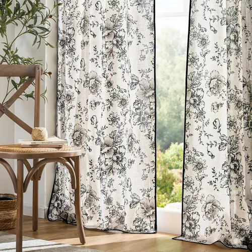 Vista 7 de JINCHAN Cortinas de mezcla de lino con flores para sala de campo francés, cortinas para sala de estar de 84 pulgadas de largo, cortinas impresas