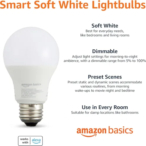 Vista 2 de Yaxa Basics Bombilla LED inteligente A19, regulable blanco suave (2700 K), 9 W (equivalente a 60 W), 800 LM, funciona solo con Alexa, Wi-Fi de 2.4