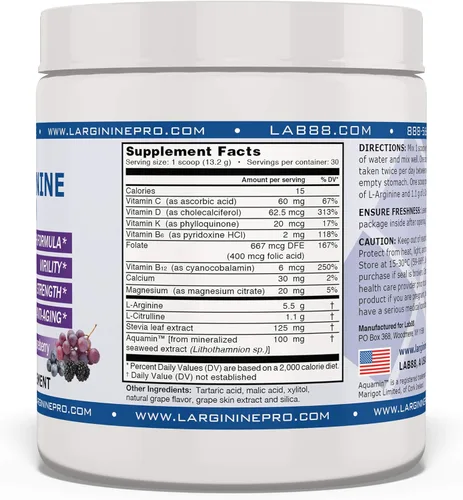 Vista 5 de L-ARGININE PRO Suplemento de L-arginina en polvo 5,500 mg de L-arginina más 1,100 mg de L-citrulina (Baya de uva, 4 frascos)