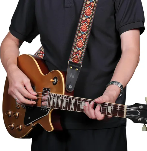 Vista 3 de Nefelibata Correa de guitarra, correas de guitarra de algodón bordadas con extremos de cuero de vaca para bajo, guitarras eléctricas y acústicas