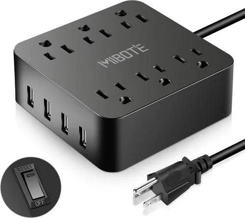 Regleta con USB, Mibote Smart 4 Outlet Power Strip con cargador USB de 4 puertos 6 pies, cable de alimentación 2500 W, 100–240 V para viajes, TV,