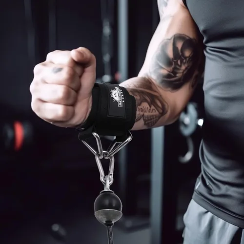 Vista 4 de Puños ajustables para muñeca de neopreno con correas acolchadas para equipos de entrenamiento de fuerza con máquinas de cable