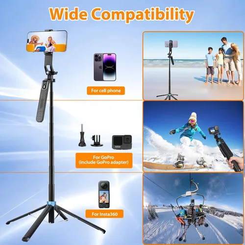 Vista 3 de Trípode de palo selfie de 4 patas de 71 pulgadas para GoPro/Osmo Pocket 3/insta360/iPhone/Android, soporte de trípode para teléfono celular