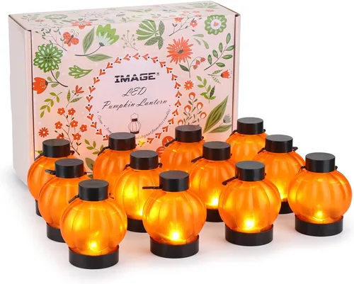 IMAGE Farol de calabaza parpadeante, paquete de 12 luces LED parpadeantes de Halloween con velas sin llama que funcionan con pilas para Halloween