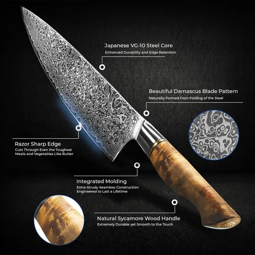 Vista 3 de SENKEN - Cuchillo de chef de acero de Damasco de 8 pulgadas, colección Dynasty, acero japonés VG10 de 67 capas con mango de madera de sicomoro, filo