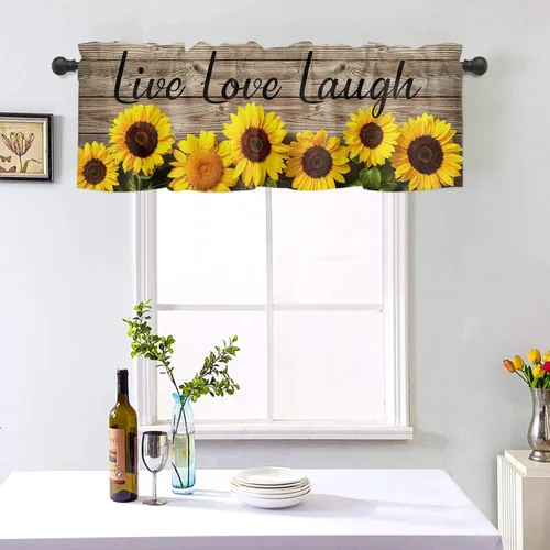 Cortinas cortas de girasol para ventana, estampado vintage de granero de madera con cita Live Love Laugh, cenefas de tratamiento de ventana para Fe