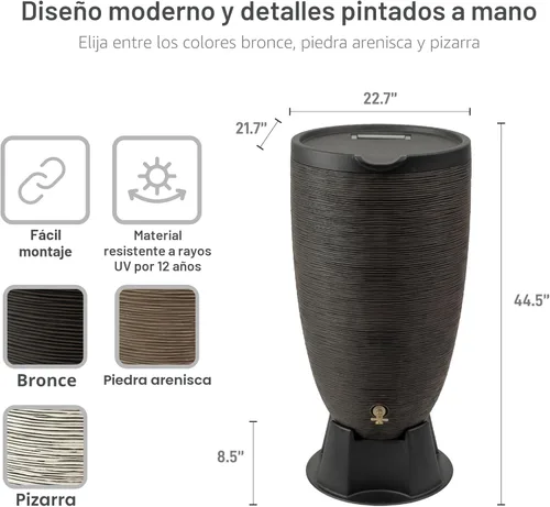 Vista 3 de RTS Home Accents Barril de lluvia Newport de 50 galones con soporte y tapa extraíble, color bronce