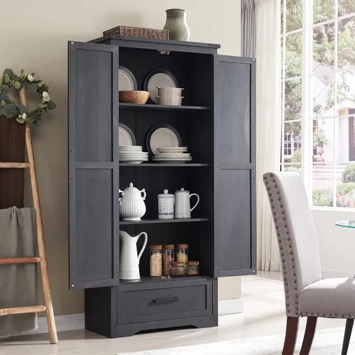 Vista 3 de Armario estilo casa de campo para despensa de cocina, muebles de madera de 72 pulgadas de alto con estantes ajustables, 2 puertas tipo granero