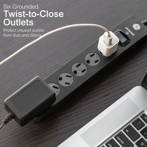 Vista 2 de GE - Protector de sobretensión de 6 tomas, extensión de 6 pies, multicontactos, 800 julios, enchufe plano, tapas de seguridad de cierre por torsión