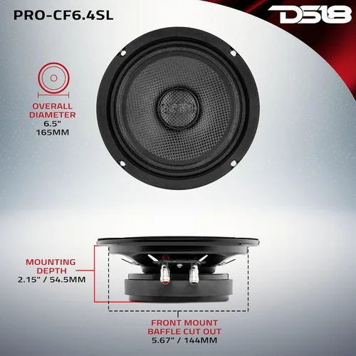 Vista 4 de DS18 PRO-CF6.4SL Altavoz Delgado de 6.5" 500 Vatios RMS Potencia Máxima 4-Ohmios Cono de Fibra de Carbono Resistente al Agua Altavoz