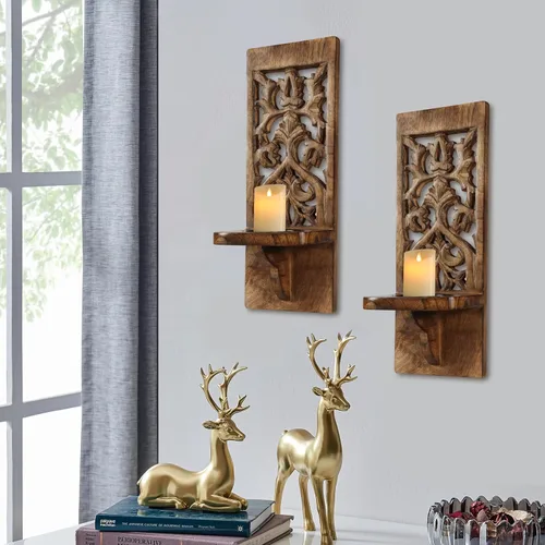 Vista 3 de Juego de 2 apliques de velas rústicos para montaje en pared - Portavelas de pilar de estante flotante de madera, decoración de pared de granja