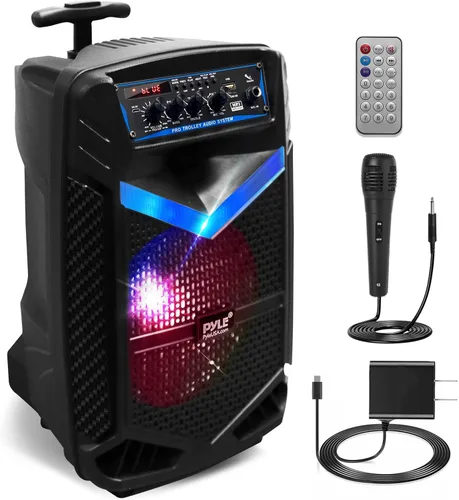 Vista 2 de Pyle Altavoz Bluetooth recargable de 400 W para exteriores, sistema PA portátil con subwoofer de 8 pulgadas, tweeter de 1 pulgada y sistema