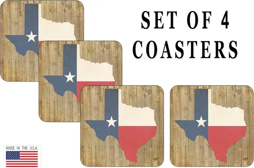 Vista 2 de Juego de posavasos con diseño de bandera del estado de Texas con diseño de madera rústica, regalo para un tejano Lonestar Cowboy Home Kitchen Bar
