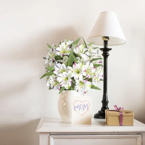 Vista 5 de Grand Verde Alstroemeria - Flores artificiales de 18 pulgadas de largo, ramo de pétalos de seda, decoración de boda, manualidades, centro de mesa
