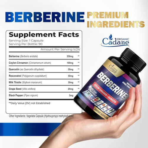 Vista 2 de Suplemento de berberina Cadane con canela de Ceilán, quercetina, resveratrol, cardo mariano, semilla de uva y pimienta negra, suministro para 3