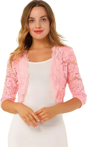 Vista 7 de Allegra K - Chaquetilla elegante para mujer de encaje floral traslúcido y manga 3/4 Azul cobalto