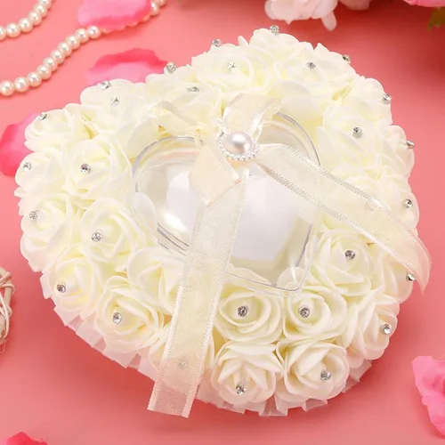 Vista 2 de GOTOTOP Almohada de boda, romántica de encaje de cristal rosa de boda en forma de corazón, cojín con cinta perla ceremonia de boda (blanco lechoso)