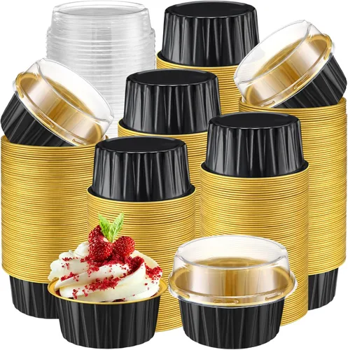 Vista 22 de Gejoy 400 tazas de papel de aluminio para hornear con tapas, moldes desechables de 5 onzas, mini moldes para tartas, moldes para magdalenas, moldes