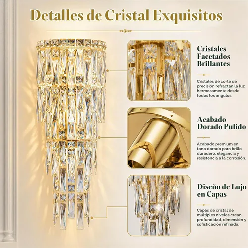 Vista 4 de Apliques de pared, modernos apliques de pared de cristal para interiores, lámpara de pared cromada de lujo, lámpara de pared K9 con gotas de cristal