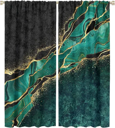 Vista 39 de Cortinas abstractas de mármol de lujo de lujo azul marino dorado a rayas con patrón de mármol estampado para dormitorio, sala de estar, cortinas