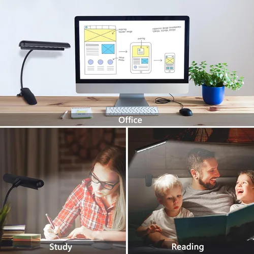 Vista 6 de Luz de soporte de música, luces de piano con clip, 9 luces LED de orquesta, lámpara de libro para músico, totalmente ajustable, sin parpadeo