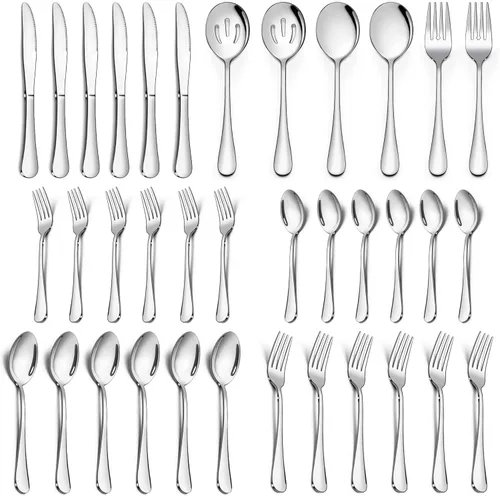 Vista 12 de LIANYU Juego de cubiertos negros de 46 piezas para 8, cubiertos de acero inoxidable con utensilios de servir, cubiertos elegantes que incluye