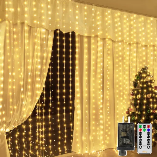 Vista 8 de Ollny - Tira de luces de cortina LED de 300 luces 3 m x 3 m, luces de Navidad impermeables IP67 para exteriores con control remoto, luces de hadas