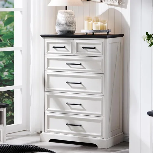 Vista 12 de ACCOHOHO Cómoda de 6 cajones, cómoda estilo granja para dormitorio, cómoda alta de 44" con asas grandes de metal, organizador de cajones de madera
