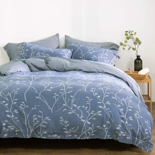 Vista 2 de Juego de funda de edredón tamaño matrimonial/queen, hilo de algodón lavado, jacquard azul y blanco, patrón de ramas gruesas, estilo floral, juego