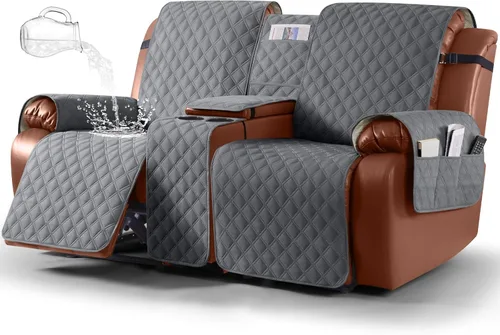 Vista 11 de Ruaozz Funda impermeable para sofá biplaza reclinable con consola, funda antideslizante para sofá reclinable dividido, con correas elásticas, Beige