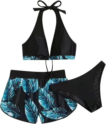 Vista 5 de Traje de baño sexy de 2 piezas con nudo frontal para mujer, con estampado de sombra de palma, con pantalones cortos