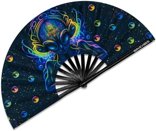 Vista 7 de Ravevibes Ventilador de mano plegable grande de 13 pulgadas, ventilador de bambú para festivales de bambú, ventiladores plegables con brillo UV