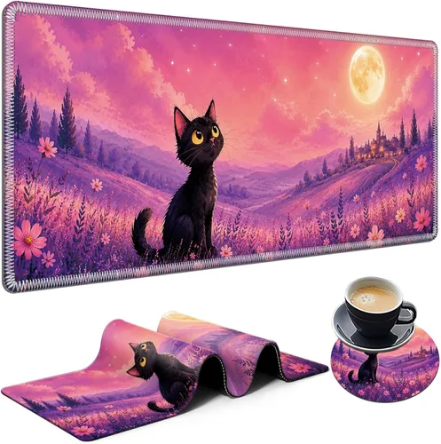 Vista 35 de Alfombrilla de mouse grande con diseño de gato con flores de otoño, 31.5 x Otoño Flor Gato