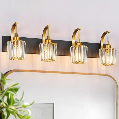 Vista 25 de Lámpara de tocador de cristal de 4 luces, aplique de pared de baño cromado moderno con pantallas de cristal K9, 32.67" de largo, iluminación sobre