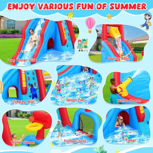 Vista 3 de AKEYDIY Tobogán acuático inflable: cubo de volteo, caseta de rebote de agua, parque de tobogán acuático inflable con piscina de salpicaduras, pared