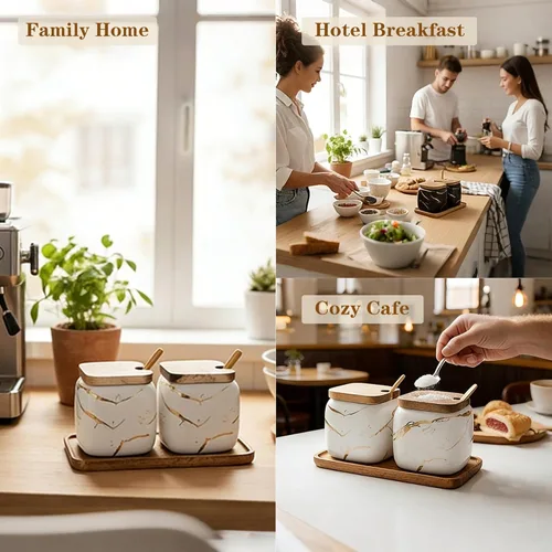 Vista 9 de 2 juegos de azucareros de cerámica de mármol, tarros de condimentos de cerámica con tapa de madera y cuchara de madera (negro)